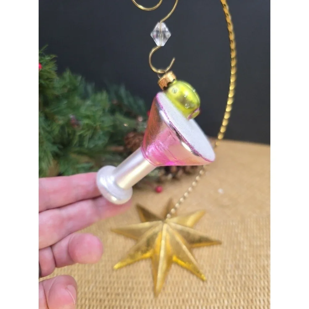 Pink Martini Glass‎ with Olive Blown Glass Christmas Ornament New Year's Theme